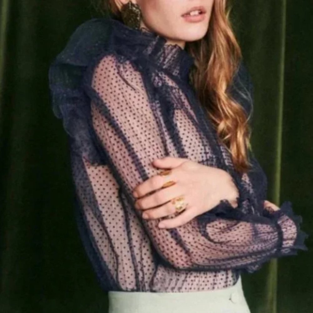 Sézane Navy Sheer Polka Dot Ruffle Blouse - Picture 3 of 8